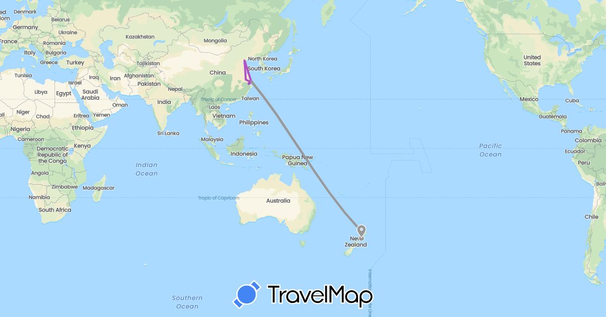 TravelMap itinerary: driving, plane, train in China, New Zealand (Asia, Oceania)